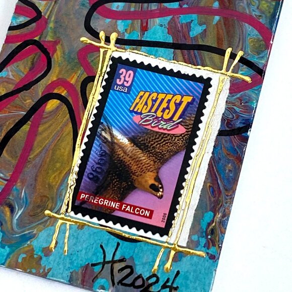 ACEO Original Mixed Media Art Vtg 1991 US Postage Stamp Tristina Dietz Elmes ATC - Picture 2 of 3